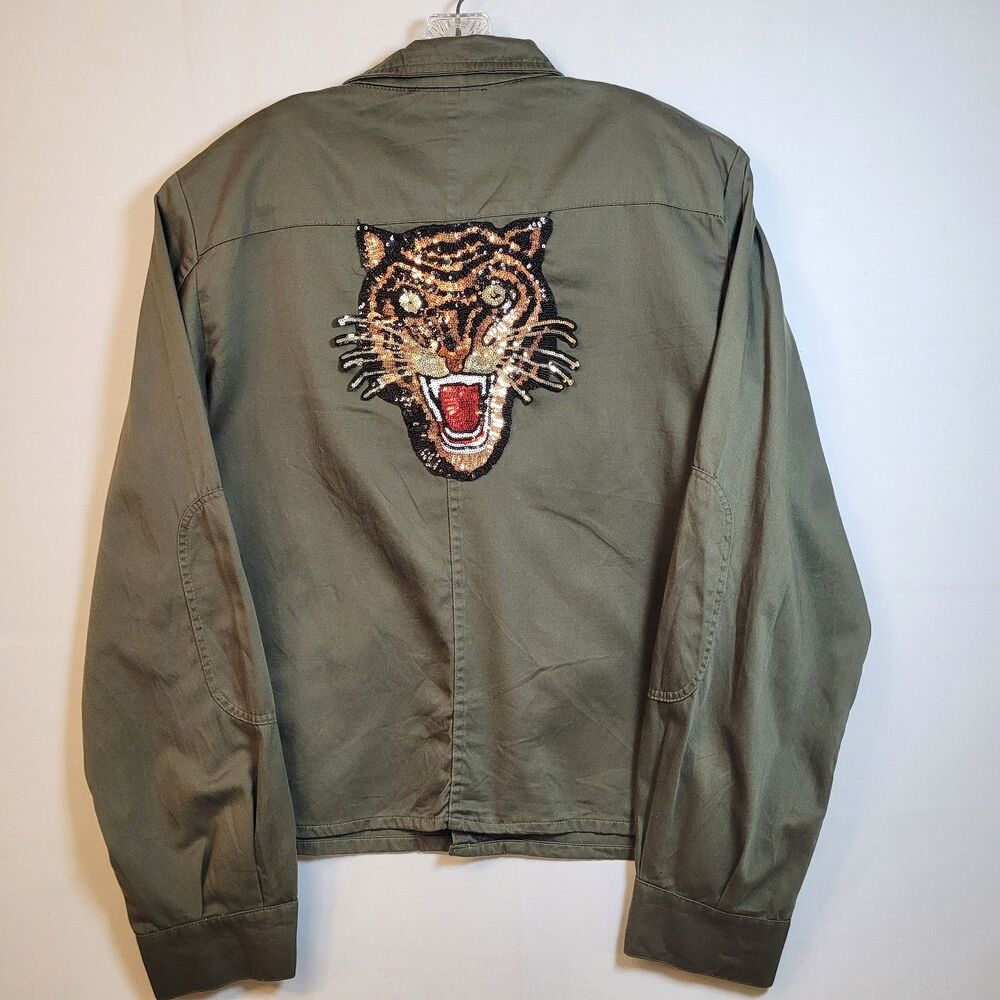 Sojara Leopard Sequin Tiger Patch L/XL Distressed Canvas Army Green Jacket